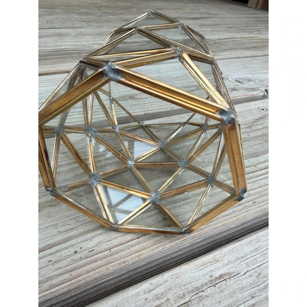 Brass Geometric Votive Holder, Faceted Glass Lantern, Modern Boho Decor